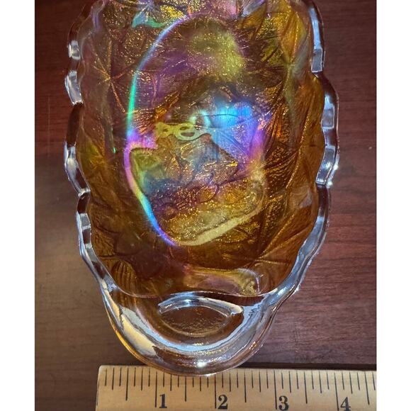 Vintage Carnival Glass Serving Dish Iridescent 9.5” Amber Gold Sunflower Design - Picture 6 of 8